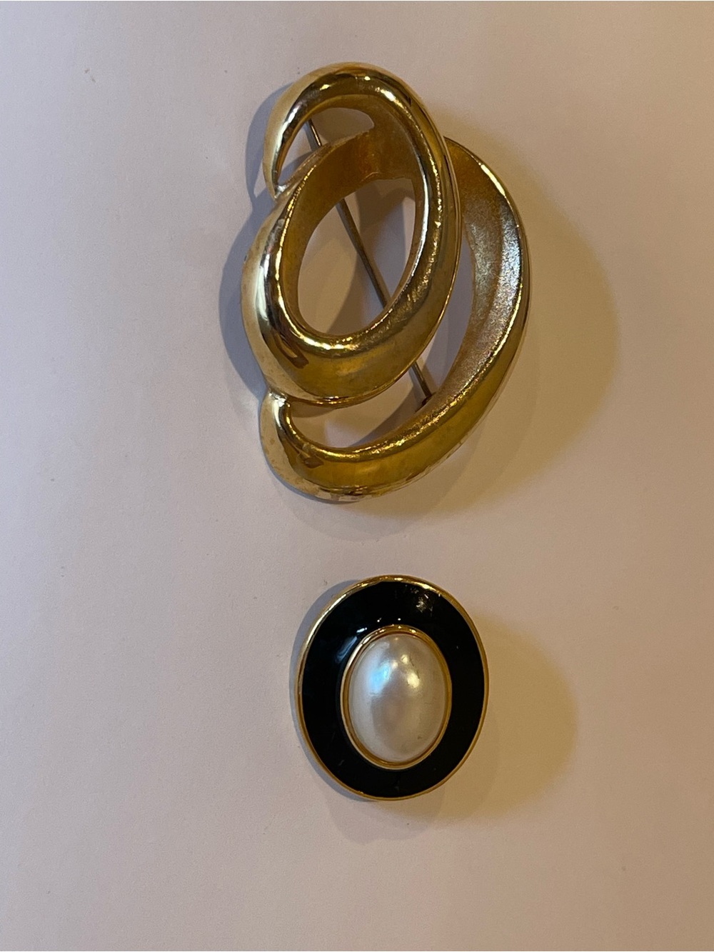 Gold Abstract Swirl Brooch and Monet faux Black Enamel Pearl Brooch